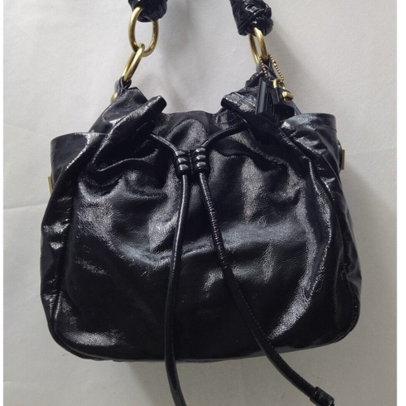 Coach Glossy Black Shoulder Bag HOBO drawstring with Gold Details.LEATHER. - Picture 11 of 14